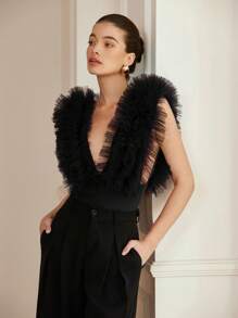 Aveloria Rosie 女士优雅性感深V领无袖安哥拉红色花卉网眼紧身衣 - 黑色 - 查看 6