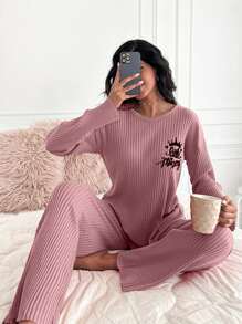 SHEIN Cottnline Letter Pattern Drop Shoulder Ribbed Knit Home Wear Set - Redwood - View 1