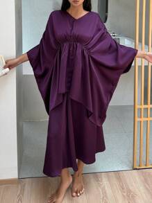 DAZY 女士缎面褶皱设计宽松上衣和长裙家居服，简约魅力睡衣 - 紫色 - 查看 8