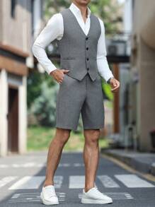 Calvornis 男士 V 领无袖纽扣背心和修身短裤套装 - 灰色 - 查看 5