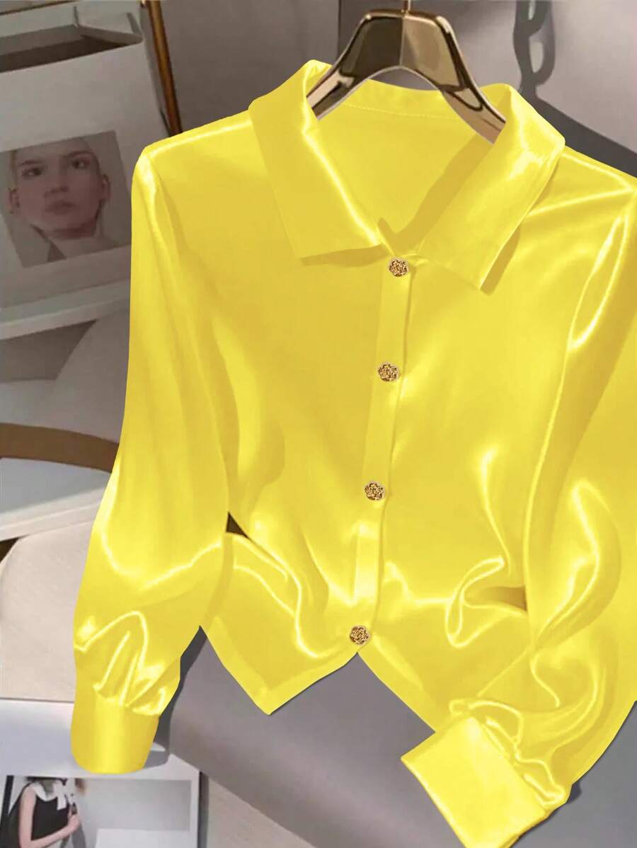 GlowEve 女式缎面纽扣领长袖衬衫 - 黃色 - 查看 1