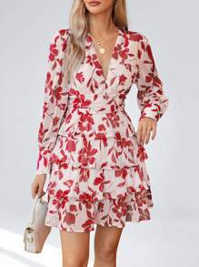 Aveloria Floral Print Ruffle Hem Long Sleeve Dress Vacation Outfits Woman  Boho Beach Fashionable Style All Over Print - Baby Pink - View 3