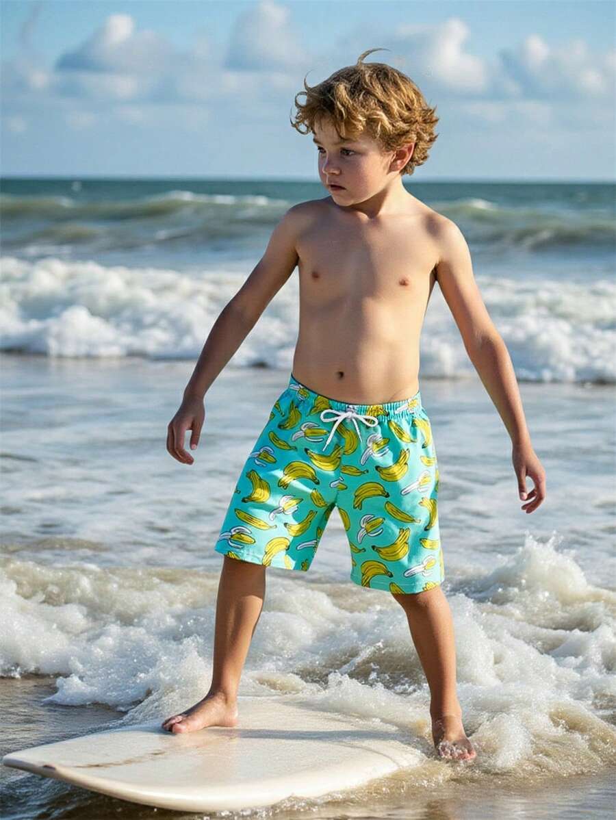 Young Boy Banana Print Drawstring Beach Shorts - Multicolor - View 1