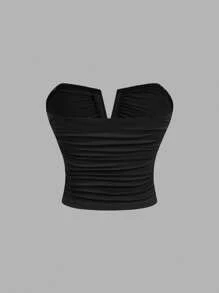 SHEIN MOD 3pcs/Set Women's White Deep V Neck Ruched Camisole Top,Rave,Graduation ,Romantic ,Summer ,Festival,Country Outfits,Beach Vacation Wear,Tea Party ,Modest ,Prom Top,Tube Top With Bra - Black and White - View 9