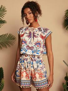 Travachic Women 2pcs Set: Woven Printed Crop Loose Shirt & High Waist Wide Leg Shorts,Summer Outfits For Women,Beachwear,Spring And Summer,Easter,Holiday Outfits,Beach Outfits For Woman,Spring Break,Vacation Outfits Women,Concert Outfit Women,BOHO,Bohemia,Music Festival,4th Of July Outfits,Tropical Vacation Woman Clothes