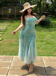 Dazy Plus 大码印花撞色网纱拼接侧开衩无袖度假风连衣裙/舞会礼服 - 藍色 - 查看 5