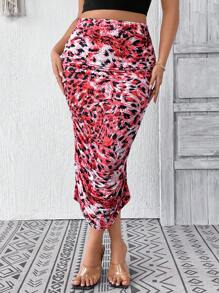 SHEIN LUNE Falda larga plisada de estampado de leopardo para mujer de talla grande, para verano