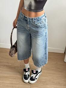 Shorts vaqueros casuales sueltos con dobladillo deshilachado para mujer