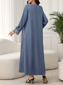 Lacomfia 2025春夏中东迪拜和土耳其时尚印花拼布阿拉伯风格长袍连衣裙，宽松版型，端庄 - 藍色 - 查看 2