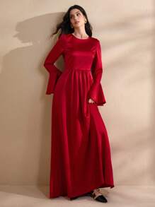 Graceveil Vestido elegante de manga larga acampanada y cuello redondo, de estilo francés, modesto, para mujer - Rojo - Ver 6