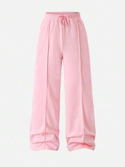 Sparklyn Tween 女童黑色休闲日常简约针织宽松百搭运动纯色裤，适合外出、购物、户外活动，优雅腰部设计，直筒百搭长裤