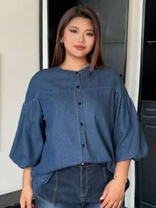 Dazy Plus 大码女式深色水洗牛仔灯笼袖圆领宽松牛仔衬衫上衣、牛仔夹克、秋季女装