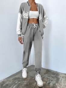 EURMUSE 2pcs Women's Zip Up Hoodie And Sweatpants Tracksuit Set With Color Block Design - Light Grey - View 1