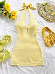 Soleia 度假露背系带镂空浅黄色女式针织连衣裙，适合音乐节、海滩波西米亚风、假日约会、下午茶 - 黃色 - 查看 3