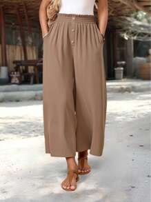 Pantalones casuales de verano para mujer con cintura de bolsa de papel, bolsillos y pierna ancha de unicolor - Caqui - Ver 1