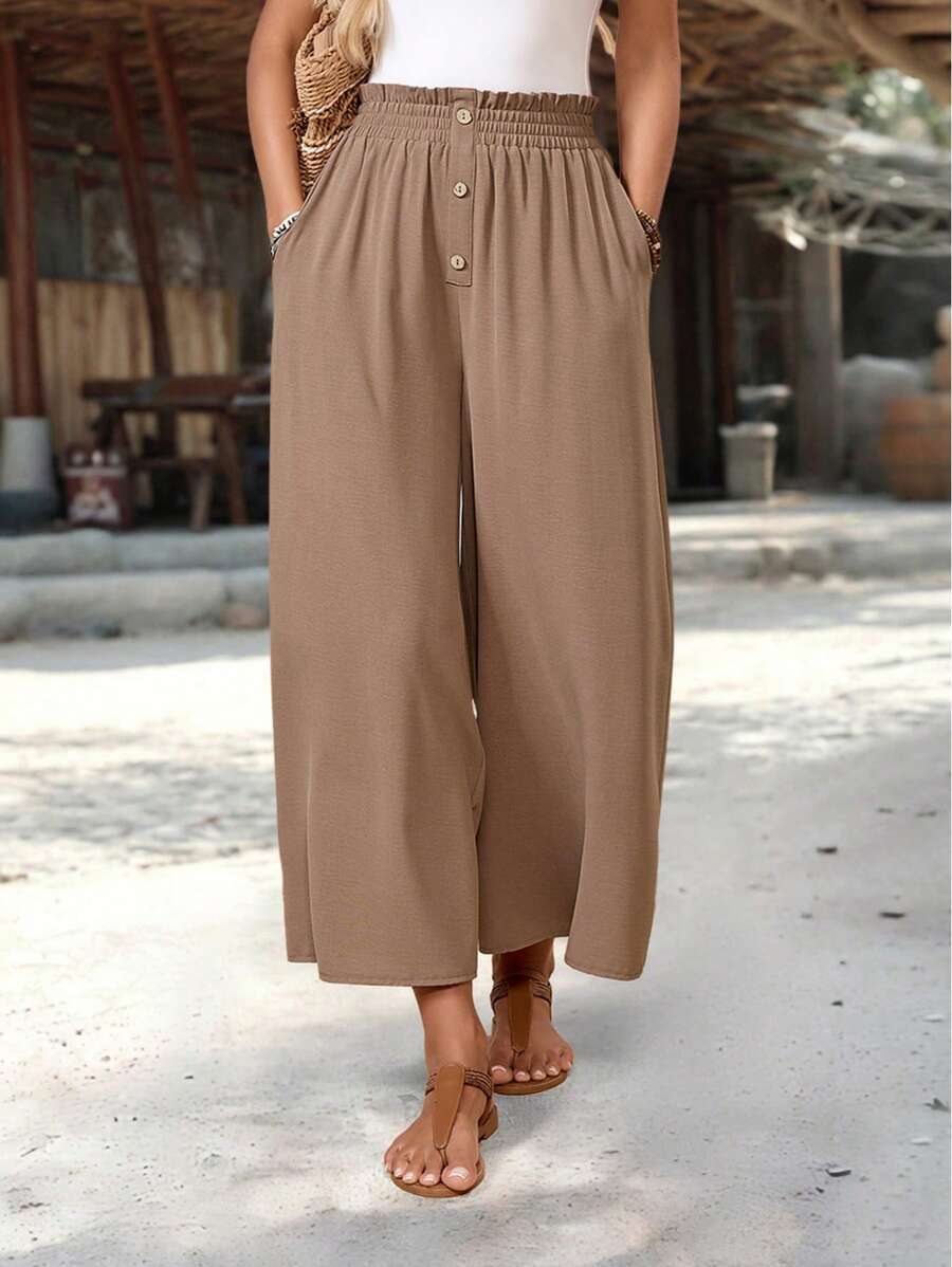 Pantalones casuales de verano para mujer con cintura de bolsa de papel, bolsillos y pierna ancha de unicolor - Caqui - Ver 1