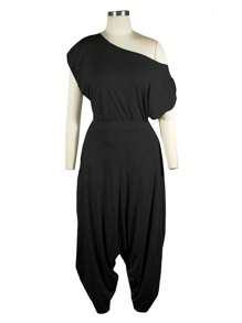 INAWLY Solva 夏季时尚不对称领口宽松纯色连体裤 - 黑色 - 查看 5