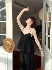 DAZY Bộ 2 món đồ nữ áo hai dây màu trơn thường ngày có miếng vá ren, quần áo trở lại trường - màu đen - Xem 4