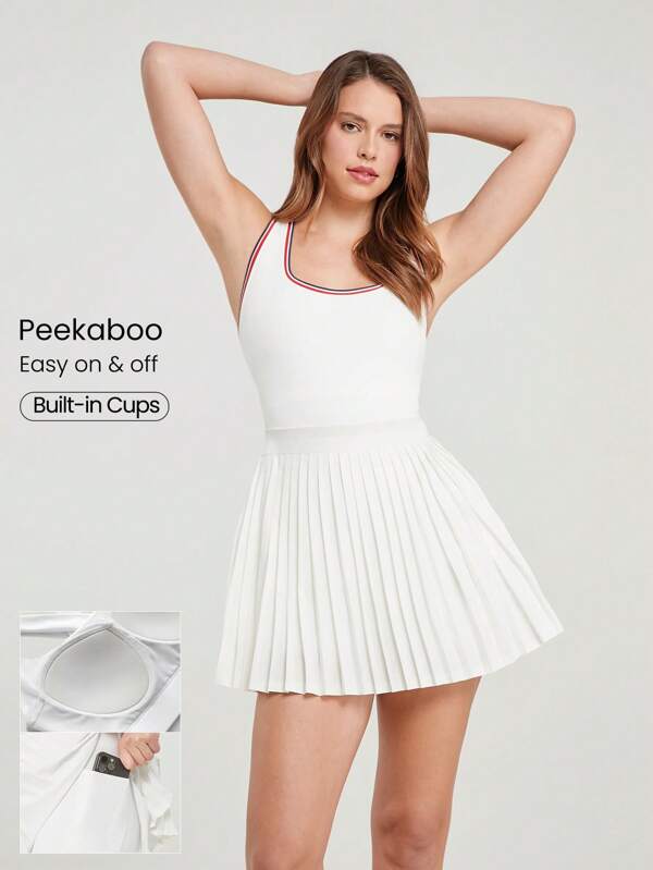 GLOWMODE Quick-Dry Tennis Built-In Cups Pleated Peekaboo Elasticized Waist Dress With Built-In Shorts Side Pockets Low Impact Running Training Workout Gym
