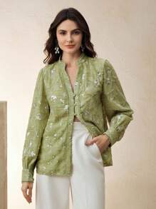 Anewsta Stylish Elegant Party Sequin & Laser Cut Long Sleeve Blouse For Women, Suitable For Spring, Festival, Holiday