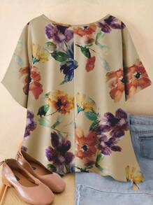 Plus Size Women Vintage Pattern Batwing Sleeve Round Neck Loose Blouse, Summer Top - Multicolor - View 2