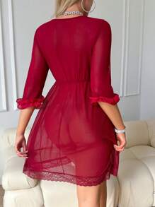 SHEIN Women V-Neck Ruffle Mesh See-Through Mid-Sleeve Nightgown - Burgundy - View 2