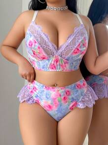 SHEIN 2件套大码印花蕾丝拼接无钢圈文胸套装 - 彩色 - 查看 4