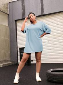 Flirla Plus Size Women Solid Color Round Neck Drop Shoulder Casual Loose T-Shirt - Baby Blue - View 4