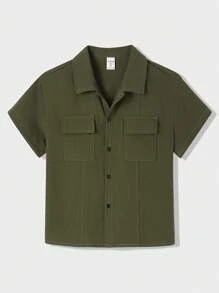 SHEIN 男童军绿色工装口袋休闲衬衫，舒适、时尚、百搭、面料柔软，适合日常、上学、郊游、户外活动、春夏季 - 軍綠色 - 查看 4