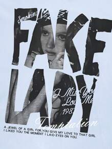 SHEIN EZwear Damskie letnie swobodne koszulki z nadrukiem graficznym i dekoltem w serek, z krótkim rękawem - Niebieski - Zobacz 4