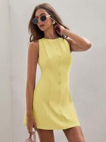 COSMINA Vestido casual de verano de mujer de mini longitud, de un solo botón, cuello redondo y sin mangas, de unicolor - Amarillo - Ver 5