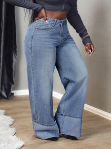 SHEIN CURVE+ 大码休闲水洗高腰阔腿牛仔裤 - 藍色 - 查看 7