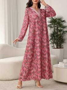 Lacomfia Modisches, weites Mittellanges Kleid im muslimisch-nahöstlichen Stil, Dubai-Stil Abaya, dezent - Pink - Übersicht 5