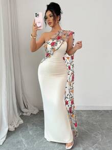 Chiquease 女士优雅刺绣网眼披肩针织紧身连衣裙，无袖 - 杏色 - 查看 5