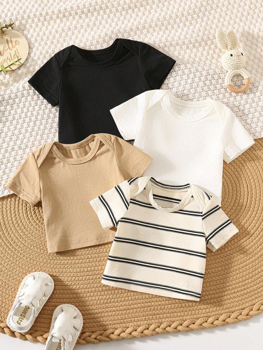 SHEIN Leap Crew 4pcs/Pack Newborn Baby Boy/Girl Summer Cute Casual Versatile Knitted Striped & Solid Color Short Sleeve Tops & T-Shirts Set - Multicolor - View 1