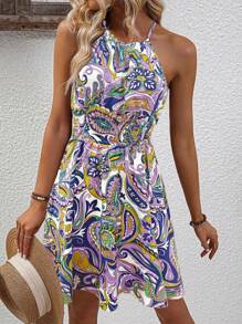 Breezaya Paisley Print Halter Neck Dress Vacation Beach Outfits Women - Multicolor - View 3