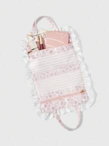 ROMWE Kawaii Borsa portatrucchi portatile di grandi dimensioni, con motivi carini da ragazza in pizzo bianco, quadretti rosa e fiocchi