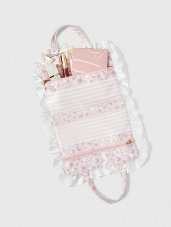 Kawaii Borsa portatrucchi portatile di grandi dimensioni, con motivi carini da ragazza in pizzo bianco, quadretti rosa e fiocchi