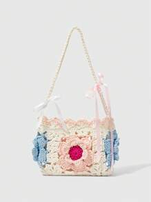 ROMWE Kawaii Bolso de ganchillo hecho a mano, diseño versátil y práctico para mujeres