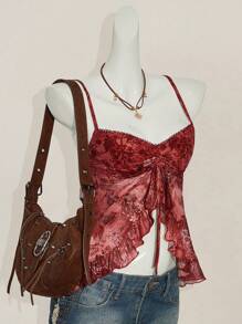 SHEIN ICON Top de tirantes tipo bata con estampado floral, volantes y escote en V, estampado de paisley al estilo bohemio de Hawai, fashionable y sexy para el verano
