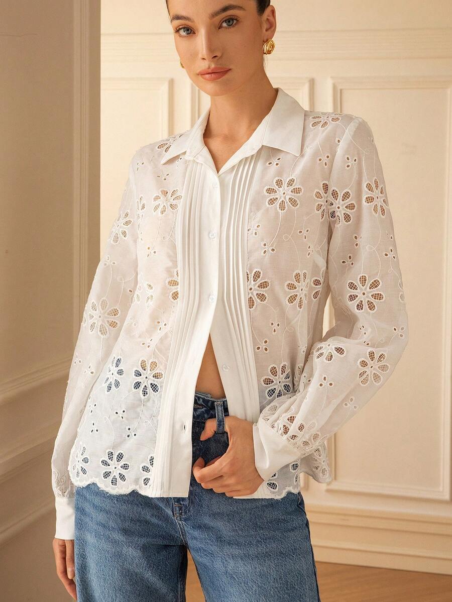 GENKIRA Nova camisa francesa de manga comprida, com gola simples, franzida e bordado solúvel em água - Branco - Ver 1