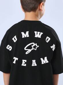 SUMWON 超大号青少年街头服饰团队运动标志棉质 T 恤运动校队风格休闲活力训练时尚男童上衣 - 黑色 - 查看 4