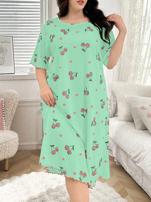 Plus Size Women's Short Sleeve Nightgown With Lettuce Hem And Cherry Blossom Print
