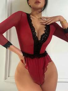 DAZY 女士性感修身连体衣，薄纱蕾丝和网纱拼接，深V领女士内衣 - 紅色 - 查看 6
