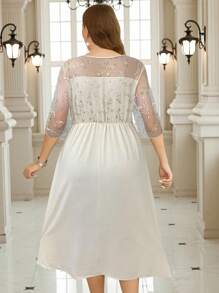 SHEIN Clasi Rochie de damă cu broderie din plasă, mărime mare, elegantă pentru petrecerea de Ramadan, primăvară - Caisă - Vizualizare 2