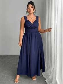 Elenzga Đầm dài cỡ lớn cổ chữ V phối ren tương phản, dây mảnh, xẻ tà xòe, ôm dáng, thích hợp cho nữ, đầm sinh nhật nữ, đầm thường ngày nữ, đầm chống nắng cỡ lớn nữ, quần áo sinh nhật nữ. - Màu xanh hải quân - Xem 3