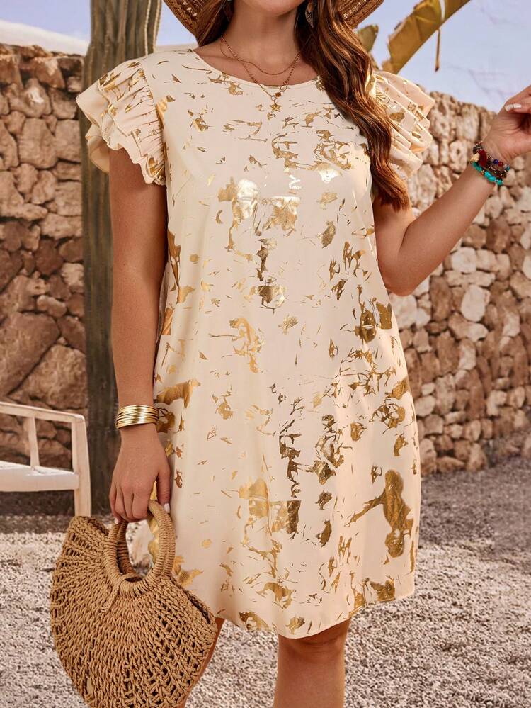 Plus Size Women Boho Foil Print Flounce Sleeve Loose Casual Dress,Gifts For Mother,Summer Holiday,Vacation Outfits Women,Simple And Fashionable For Everyday Wear,Vacay Vibes,Springbreak,Casual Wear SS,Bohemia,Summer Dresses For Women,Dresses Casual