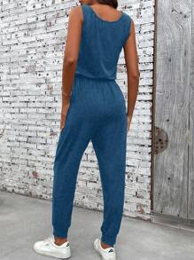 SHEIN PETITE Women's Solid Color Minimalist Sleeveless Jumpsuit - Blue - View 2