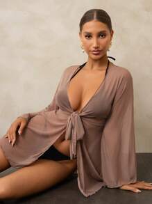 Swim Lushoire Women's Front Tie Long Sleeve Casual Sheer Cover Up Kimono Summer - Brown - View 3