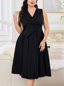 Modelyn Vestido sencillo de talla grande color negro con cuello en V sin mangas, uso casual diario